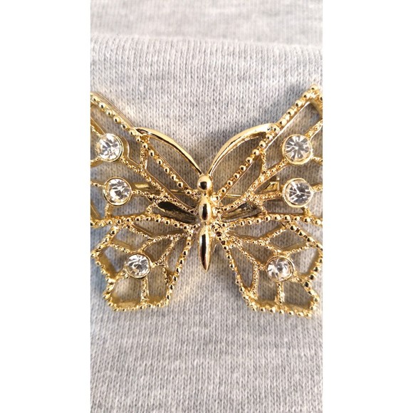 Vtg 1980s Gerrys Brooch Lapel Pin Butterfly Clear Rhinestones Gold Tone Metal - Picture 4 of 8